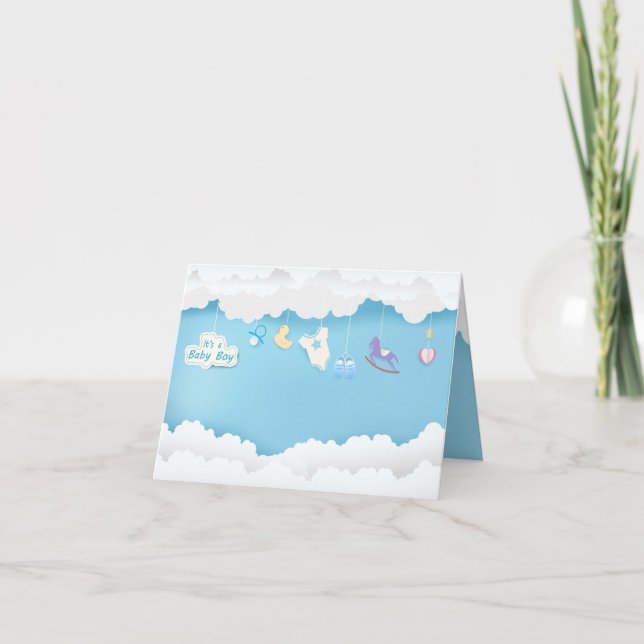 Cloud with toy on sky baby boy shower card (Front)