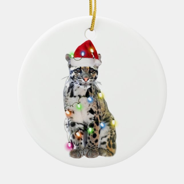 Clouded Leopard With Hat Scaft Christmas Ceramic Tree Decoration (Front)