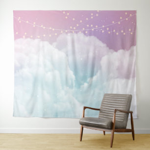 Clouds and Fairy Lights Watercolor Painted Pastel Tapestry