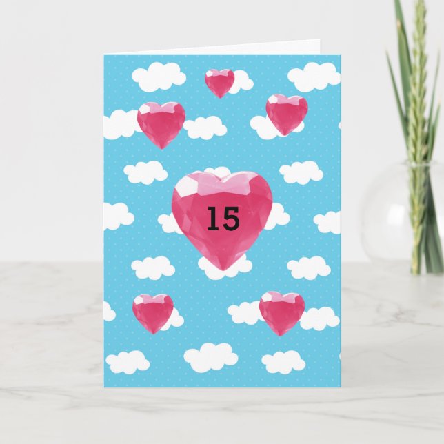 Clouds and Pink Heart Gems 15th Birthday Card (Front)