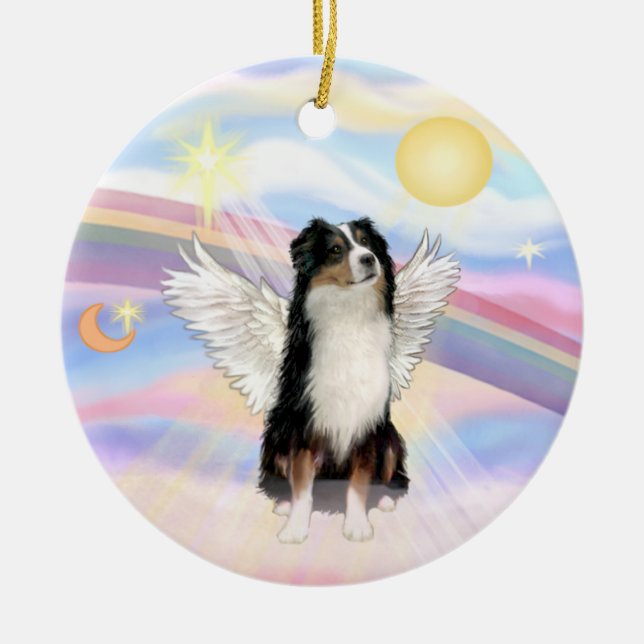 Clouds - Australian Shepherd Angel (tri) Ceramic Tree Decoration (Front)