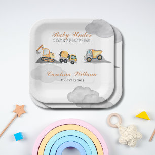 Clouds baby under construction baby shower paper plate