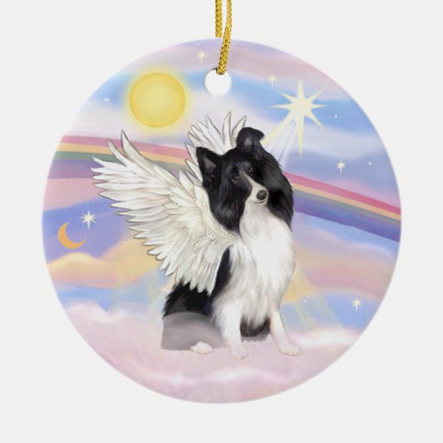 Clouds - Bi Black Shetland Sheepdog Angel Ceramic Tree Decoration (Front)