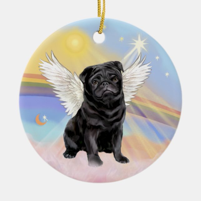Clouds - Black Pug Angel Ceramic Tree Decoration (Front)