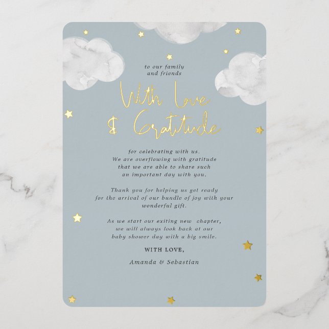 Clouds Blue Grey Baby Shower Flat Thank You (Front)