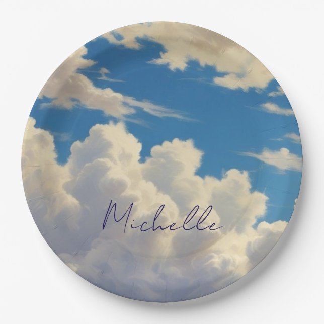 Clouds Blue Sky Plain Modern Own Name Calligraphy Paper Plate (Front)