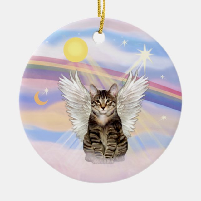 Clouds - Brown Tabby Tiger Cat Angel Ceramic Tree Decoration (Front)