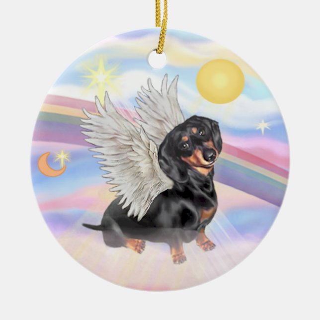 Clouds - Dachshund Angel (black/tan) Ceramic Tree Decoration (Front)