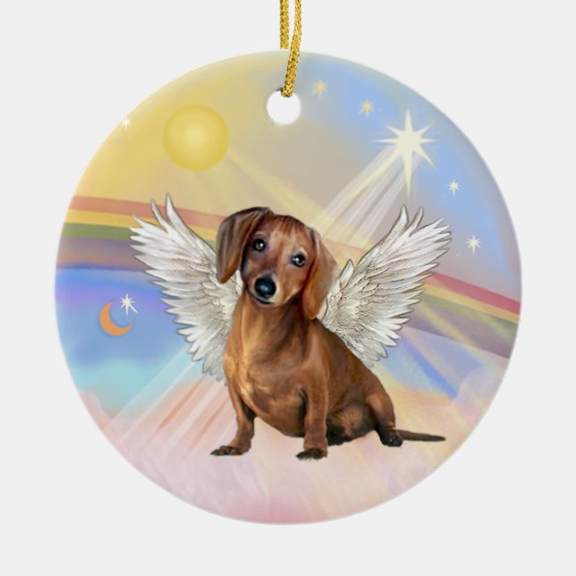 Clouds - Dachshund Angel (brown / red) Ceramic Tree Decoration (Front)