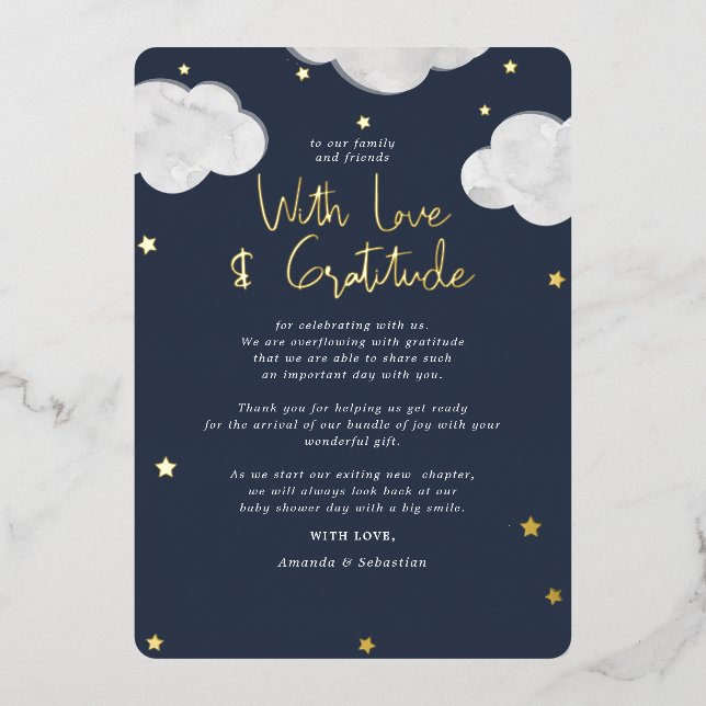 Clouds Dark Blue Baby Shower Flat Thank You (Front)