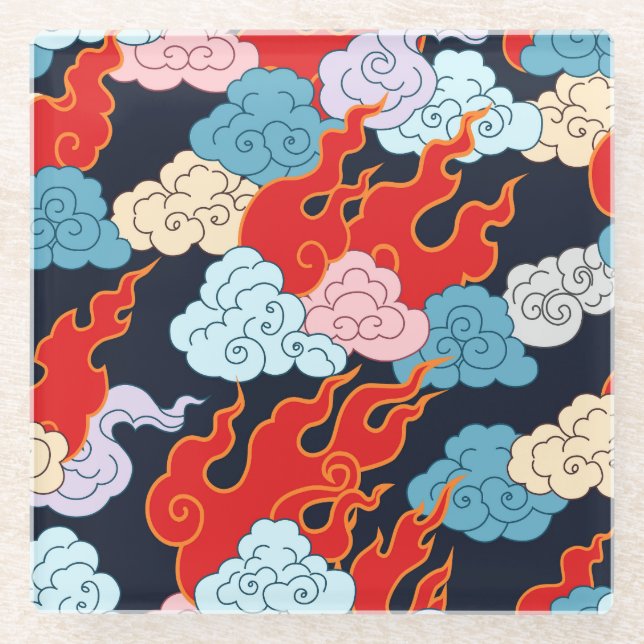 Clouds, Flames: Black Vintage Pattern. Glass Coaster (Front)