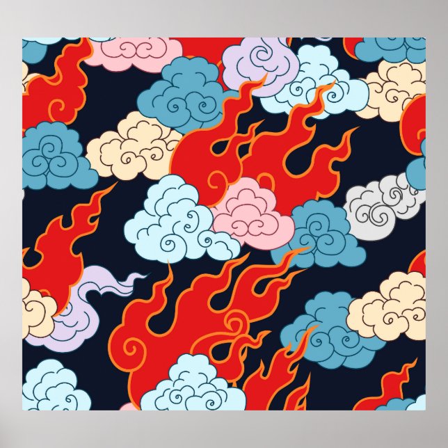 Clouds, Flames: Black Vintage Pattern. Poster (Front)