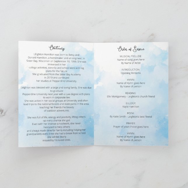 Clouds Funeral Obituary Order of Service  Programme (Inside)