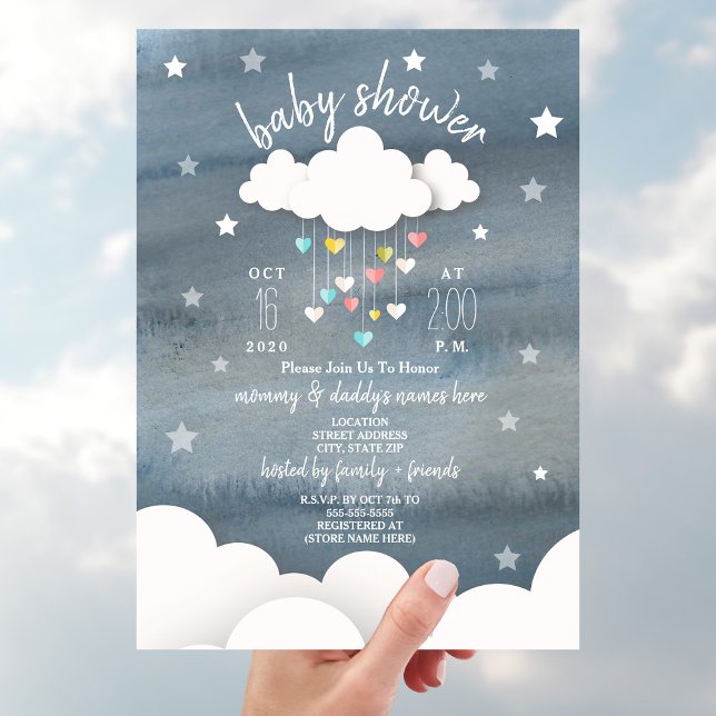 Clouds Hearts + Stars Neutral Baby Shower Invitation (Creator Uploaded)