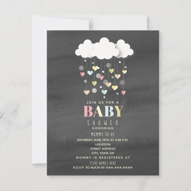 Clouds + Hearts Watercolor Neutral Baby Shower Invitation (Front)