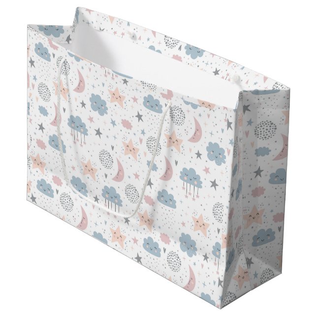 Clouds Moon Stars Baby Shower Large Gift Bag (Front Angled)