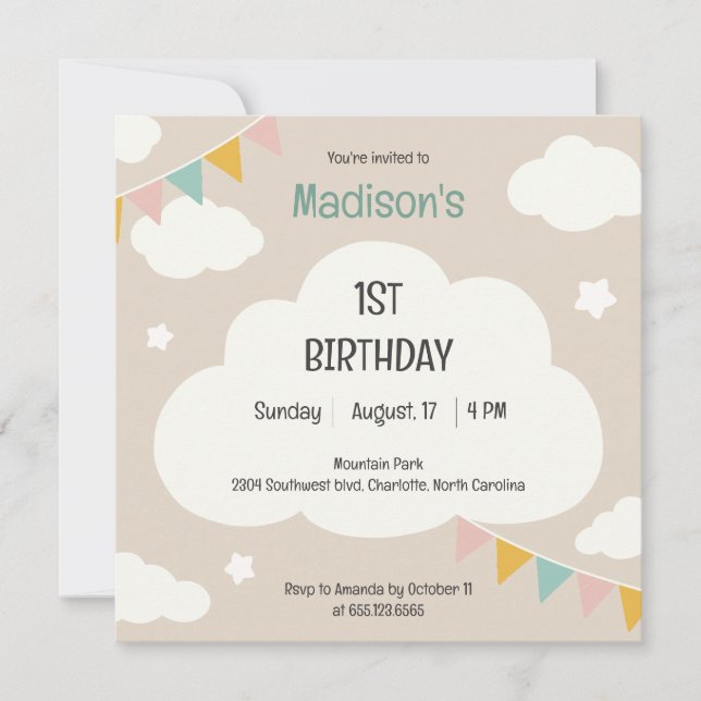 Clouds party flags baby first birthday invitation (Front)