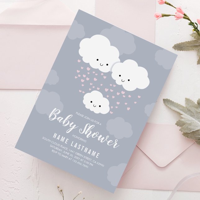 Clouds Pink Hearts Family Couples Baby Shower Girl Invitation (Creator Uploaded)