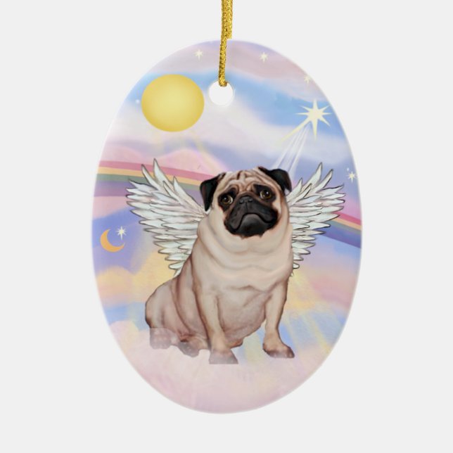 Clouds - Pug Angel (fawn) Ceramic Tree Decoration (Front)