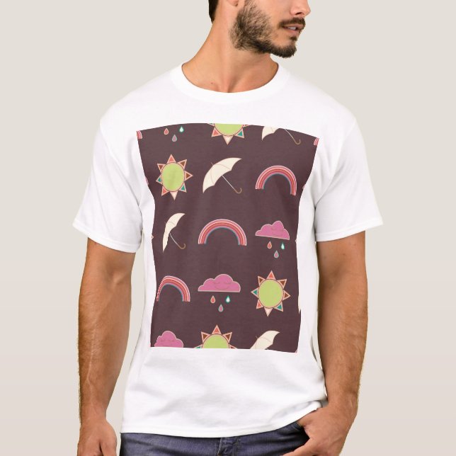 Clouds, rain, sun, umbrella pattern. T-Shirt (Front)