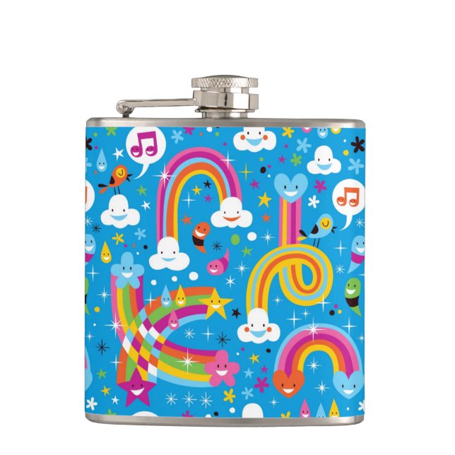 clouds rainbows rain drops hearts pattern hip flask (Front)