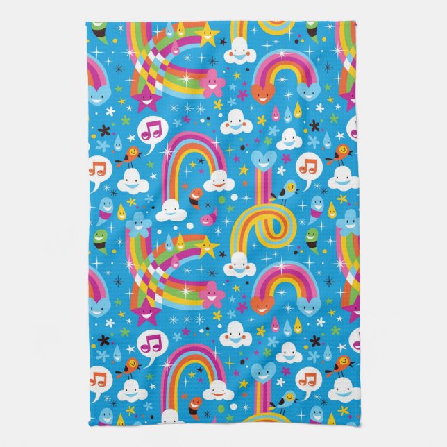 clouds rainbows rain drops hearts pattern tea towel (Vertical)