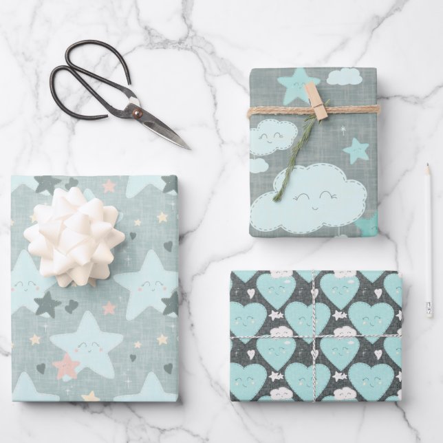 Clouds, Stars and Hearts Nursery Gift Wrap (Front)
