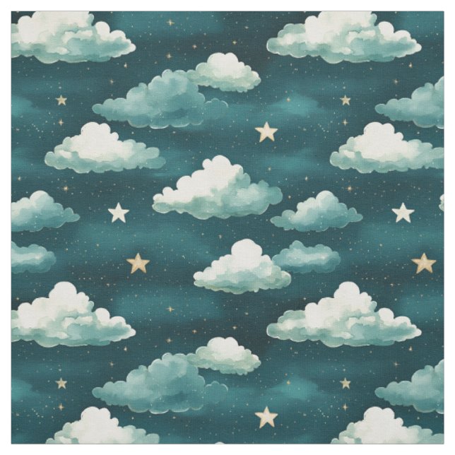 Clouds & Stars on a Dark Teal Background Fabric (Swatch)