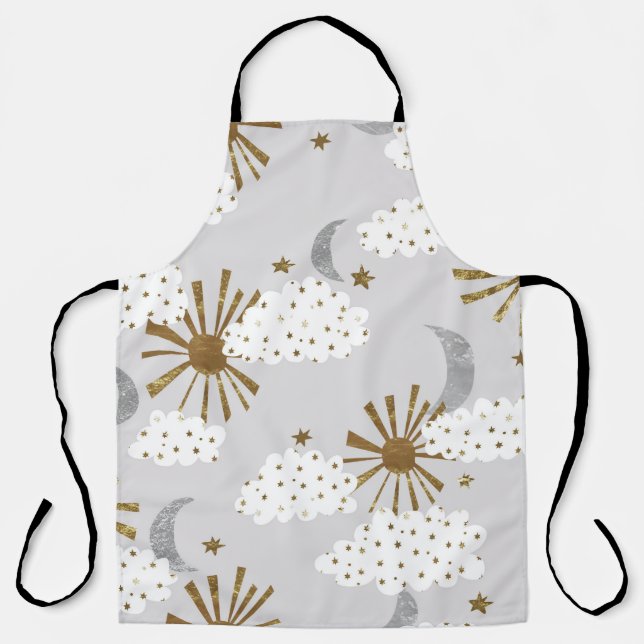 Clouds, sun, and moon, minimalistic pattern. apron (Front)