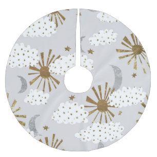 Clouds, sun, and moon, minimalistic pattern. brushed polyester tree skirt