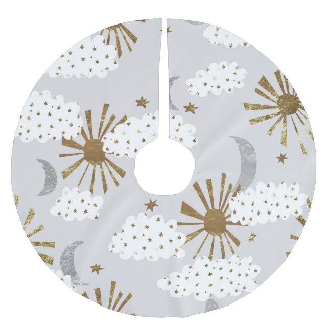 Clouds, sun, and moon, minimalistic pattern. brushed polyester tree skirt (Front)