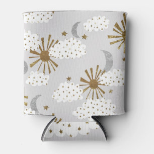 Clouds, sun, and moon, minimalistic pattern. can cooler