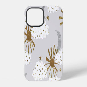 Clouds, sun, and moon, minimalistic pattern. iPhone 12 case
