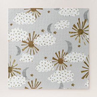 Clouds, sun, and moon, minimalistic pattern. jigsaw puzzle