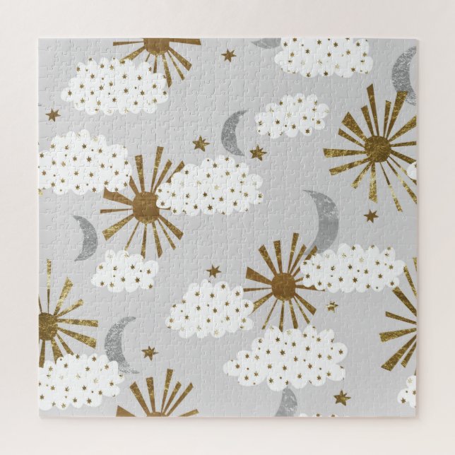 Clouds, sun, and moon, minimalistic pattern. jigsaw puzzle (Vertical)
