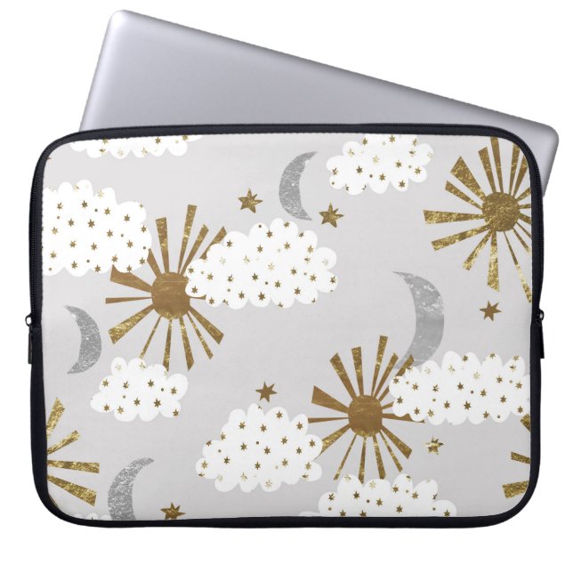 Clouds, sun, and moon, minimalistic pattern. laptop sleeve (Front)