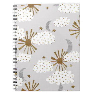 Clouds, sun, and moon, minimalistic pattern. notebook