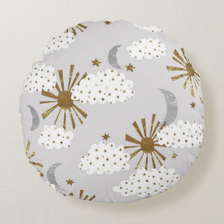 Clouds, sun, and moon, minimalistic pattern. round cushion