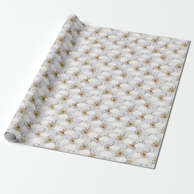 Clouds, sun, and moon, minimalistic pattern. wrapping paper (Unrolled)