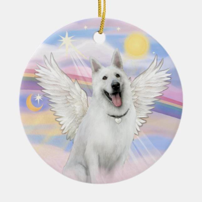Clouds - White German Shepherd Ceramic Tree Decoration (Front)