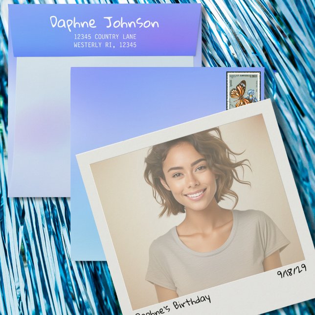 Cloudy Blue Gradient Personalised Envelope (Cloudy Blue Gradient Personalized Envelope with Instant Photo Invitation)