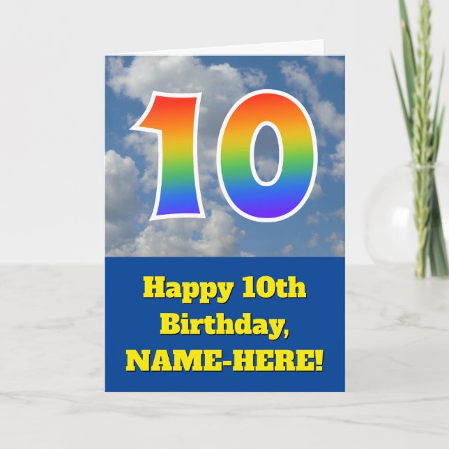 Cloudy Blue Sky, Rainbow Pattern "10" Birthday # Card (Front)