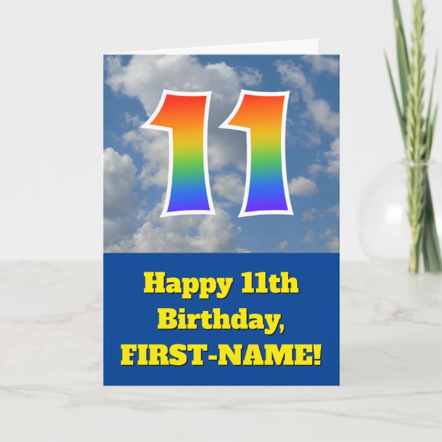 Cloudy Blue Sky, Rainbow Pattern "11" Birthday # Card (Front)