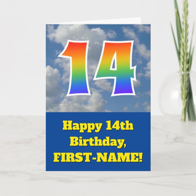 Cloudy Blue Sky, Rainbow Pattern "14" Birthday # Card (Front)
