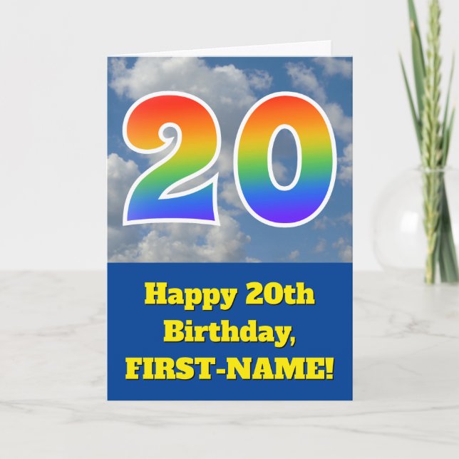 Cloudy Blue Sky, Rainbow Pattern "20" Birthday # Card (Front)