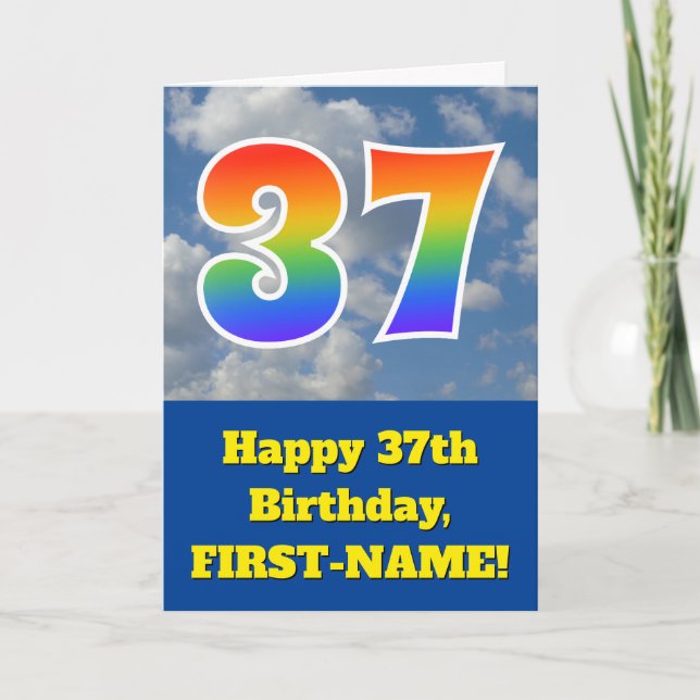 Cloudy Blue Sky, Rainbow Pattern "37" Birthday # Card (Front)
