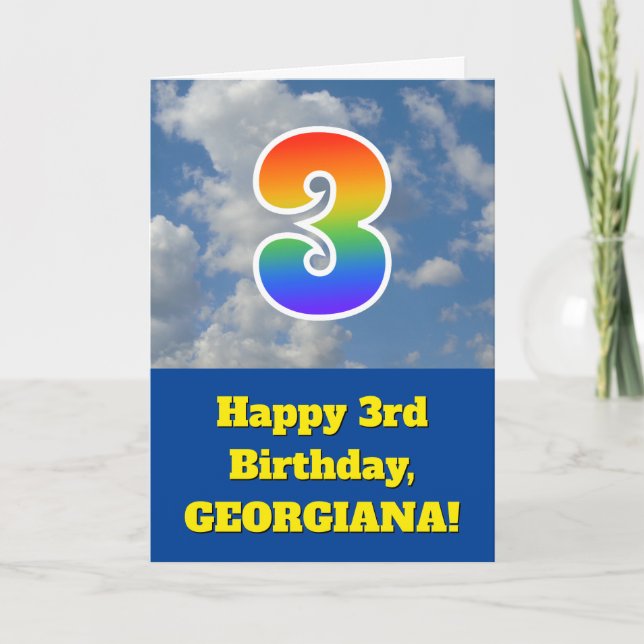 Cloudy Blue Sky, Rainbow Pattern "3" Birthday # Card (Front)