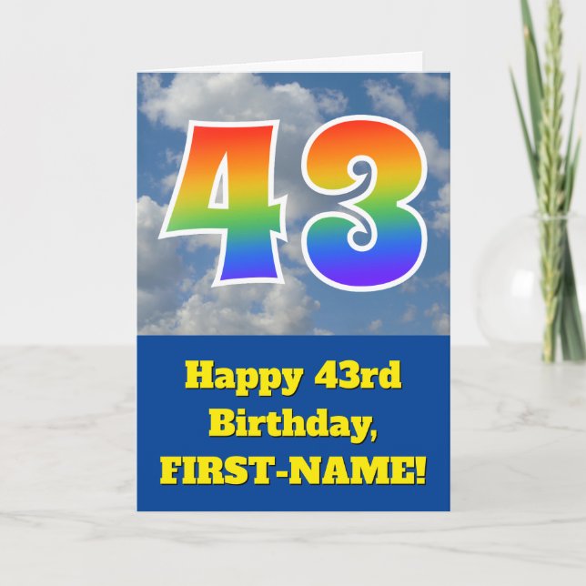 Cloudy Blue Sky, Rainbow Pattern "43" Birthday # Card (Front)
