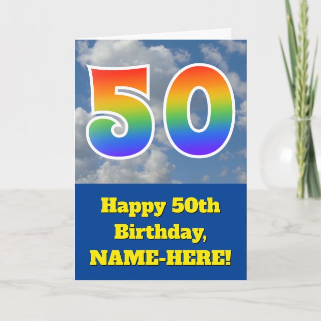 Cloudy Blue Sky, Rainbow Pattern "50" Birthday # Card (Front)