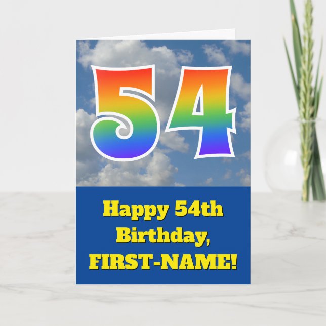 Cloudy Blue Sky, Rainbow Pattern "54" Birthday # Card (Front)